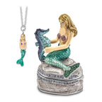 Luxury Giftware by Jere Pewter Bejeweled Crystals Silver-tone Enameled ADELLA Mermaid with Seahorse Trinket Box with Matching 18 Inch Necklace