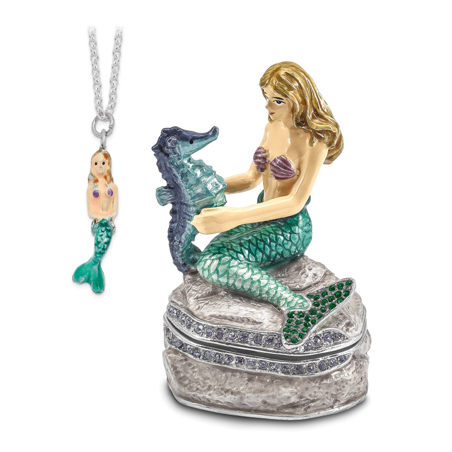 Luxury Giftware by Jere Pewter Bejeweled Crystals Silver-tone Enameled ADELLA Mermaid with Seahorse Trinket Box with Matching 18 Inch Necklace
