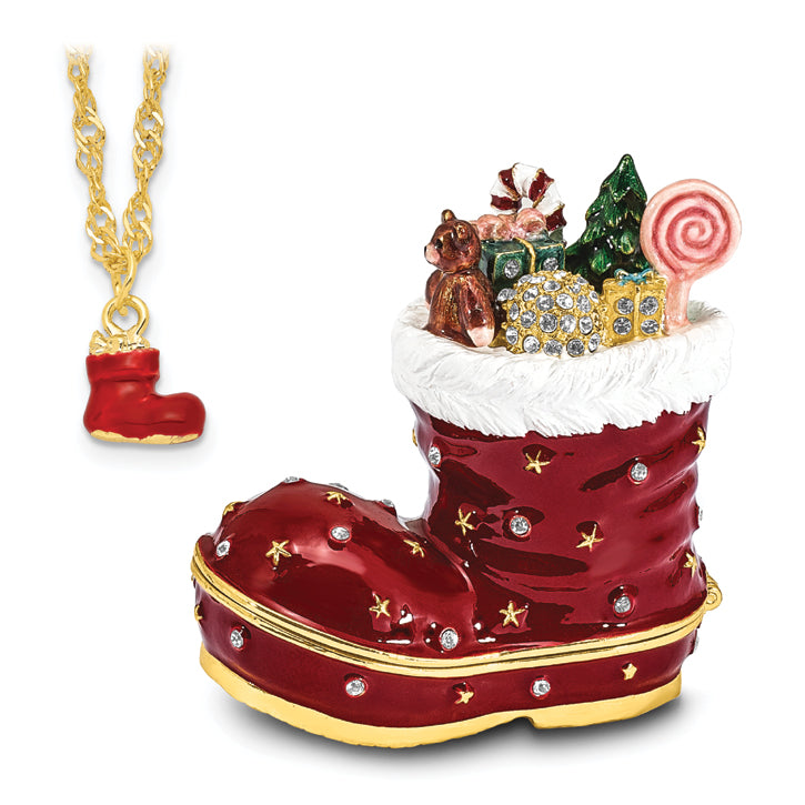 Luxury Giftware by Jere Bejeweled Crystals Gold-tone Enameled BOOTS Stocking Trinket Box with Matching 18 Inch Necklace