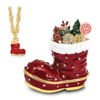 Luxury Giftware by Jere Bejeweled Crystals Gold-tone Enameled BOOTS Stocking Trinket Box with Matching 18 Inch Necklace