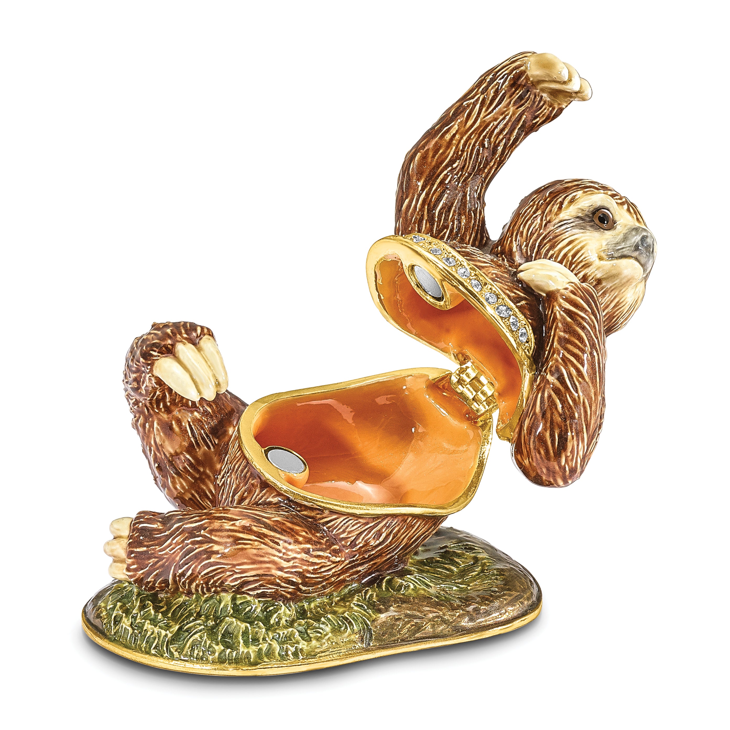 Luxury Giftware by Jere Pewter Bejeweled Crystals Gold-tone Enameled MELLOW Sloth Trinket Box with Matching 18 Inch Necklace