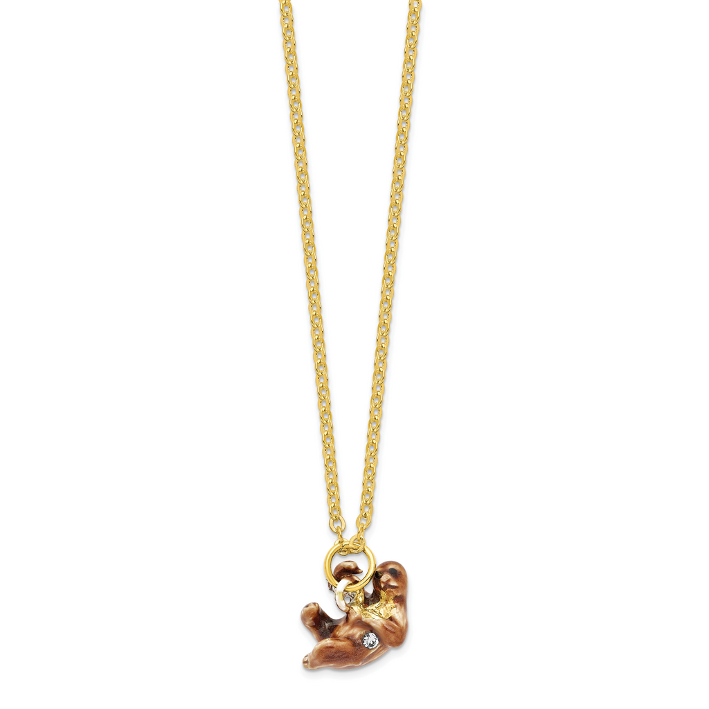 Luxury Giftware by Jere Pewter Bejeweled Crystals Gold-tone Enameled MELLOW Sloth Trinket Box with Matching 18 Inch Necklace