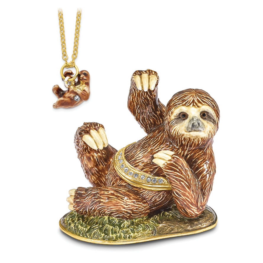 Luxury Giftware by Jere Pewter Bejeweled Crystals Gold-tone Enameled MELLOW Sloth Trinket Box with Matching 18 Inch Necklace