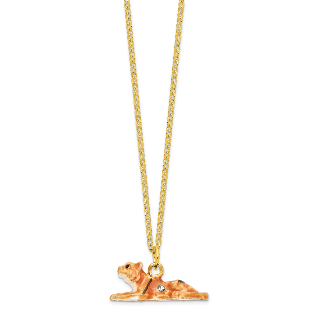 Luxury Giftware by Jere Pewter Bejeweled Crystals Gold-tone Enameled TONDA Young Tiger Trinket Box with Matching 18 Inch Necklace