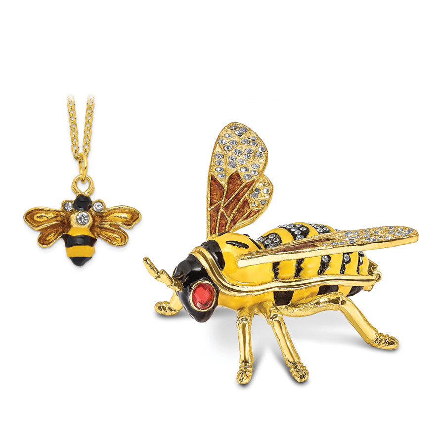 Luxury Giftware by Jere Pewter Bejeweled Crystals Gold-tone Enameled BUZZ Bumblebee Trinket Box with Matching 18 Inch Necklace