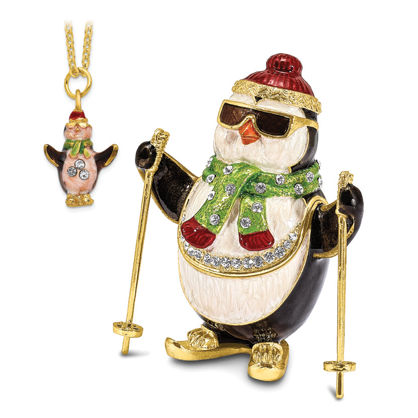 Luxury Giftware by Jere Bejeweled Crystals Gold-tone Enameled KOOLIO Skiing Penguin Trinket Box with Matching 18 Inch Necklace