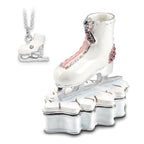 Luxury Giftware by Jere Bejeweled Crystals Silver-tone Enameled GLIDER Pink and White Ice Skate Trinket Box with Matching 18 Inch Necklace