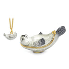 Luxury Giftware Pewter Bejeweled Crystals Gold-tone Enameled BERTRAM Grey and White Seal Trinket Box with Matching 18 Inch Necklace