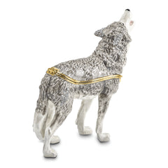 Luxury Giftware by Jere Pewter Bejeweled Crystals Gold-tone Enameled JACK Howling Wolf Trinket Box with Matching 18 Inch Necklace