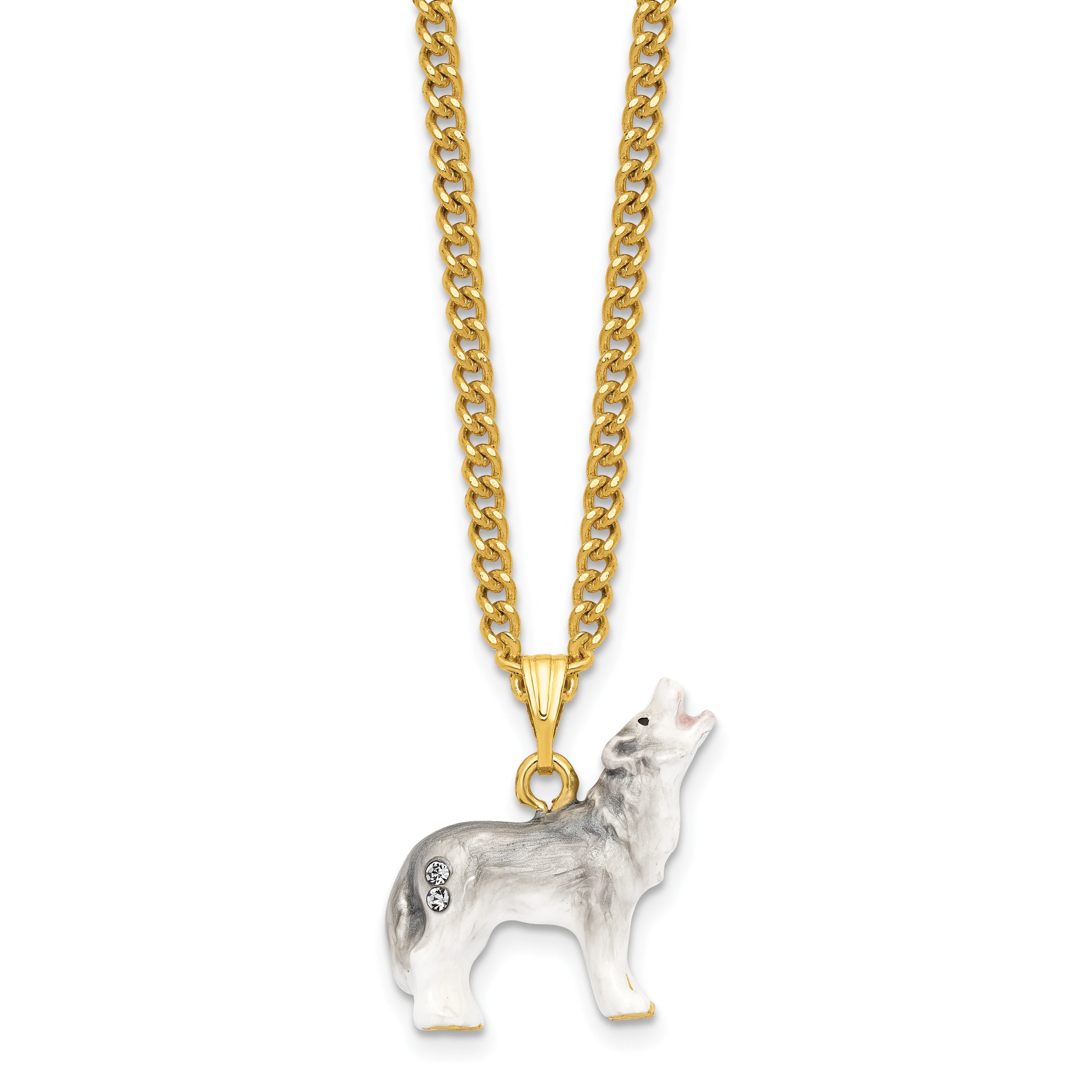 Luxury Giftware by Jere Pewter Bejeweled Crystals Gold-tone Enameled JACK Howling Wolf Trinket Box with Matching 18 Inch Necklace