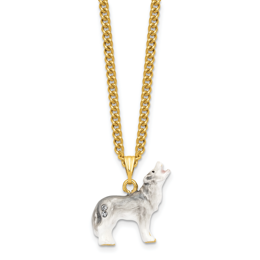 Luxury Giftware by Jere Pewter Bejeweled Crystals Gold-tone Enameled JACK Howling Wolf Trinket Box with Matching 18 Inch Necklace