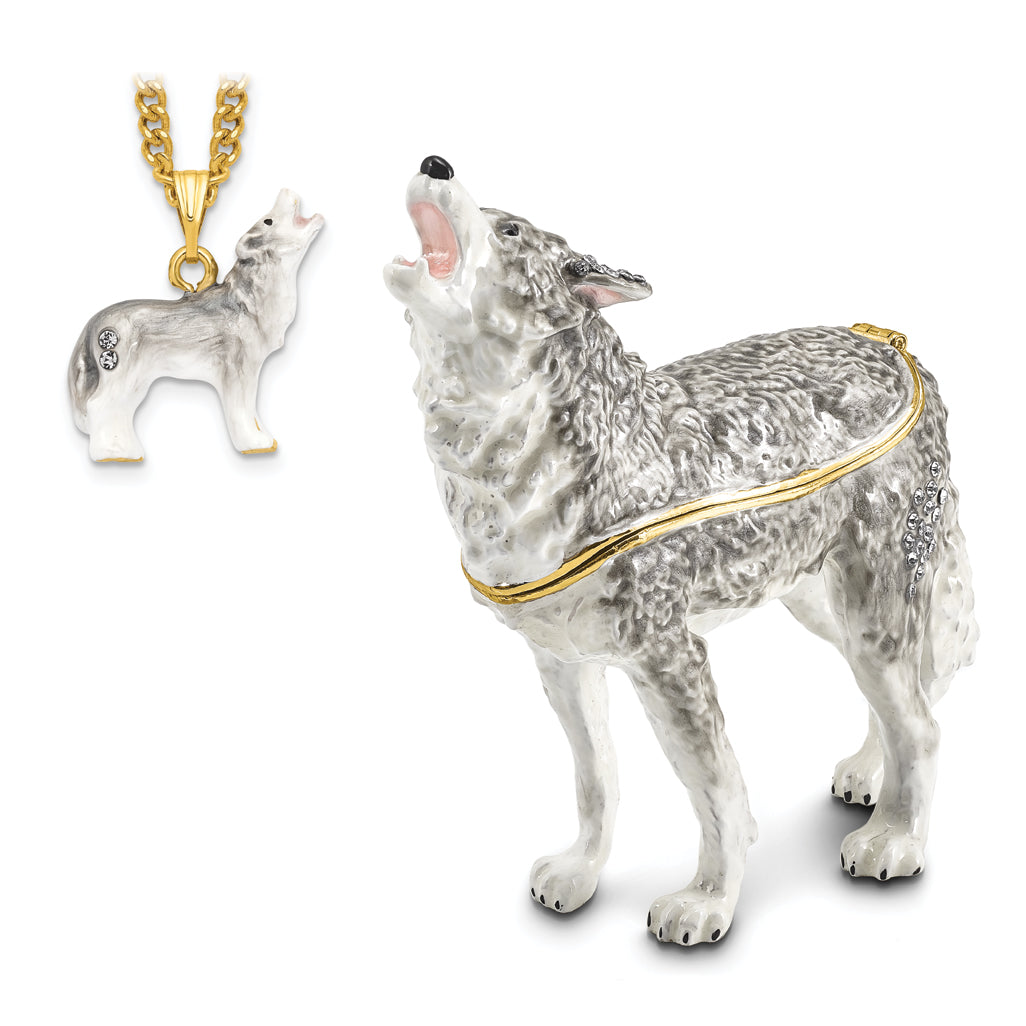 Luxury Giftware by Jere Pewter Bejeweled Crystals Gold-tone Enameled JACK Howling Wolf Trinket Box with Matching 18 Inch Necklace