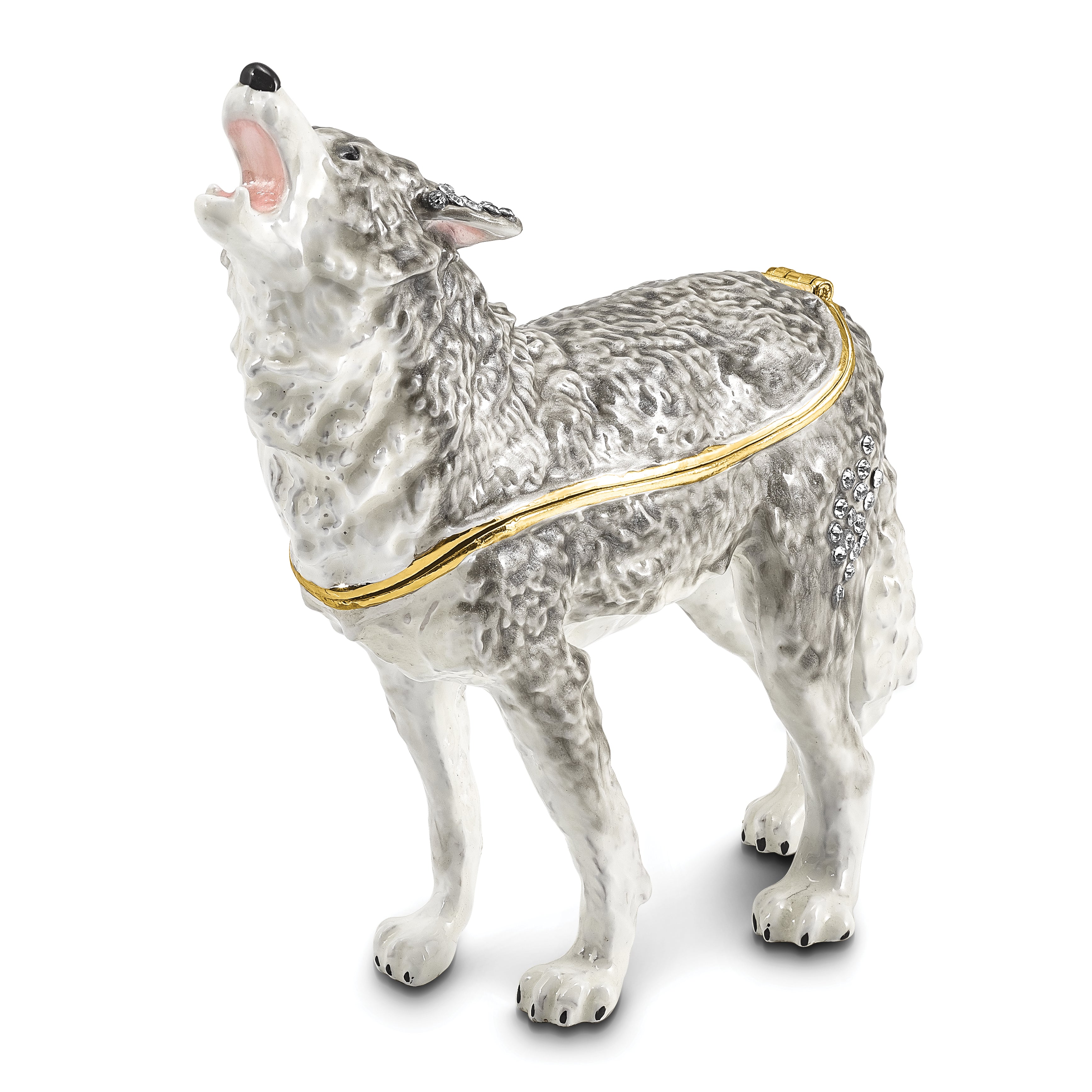 Luxury Giftware by Jere Pewter Bejeweled Crystals Gold-tone Enameled JACK Howling Wolf Trinket Box with Matching 18 Inch Necklace