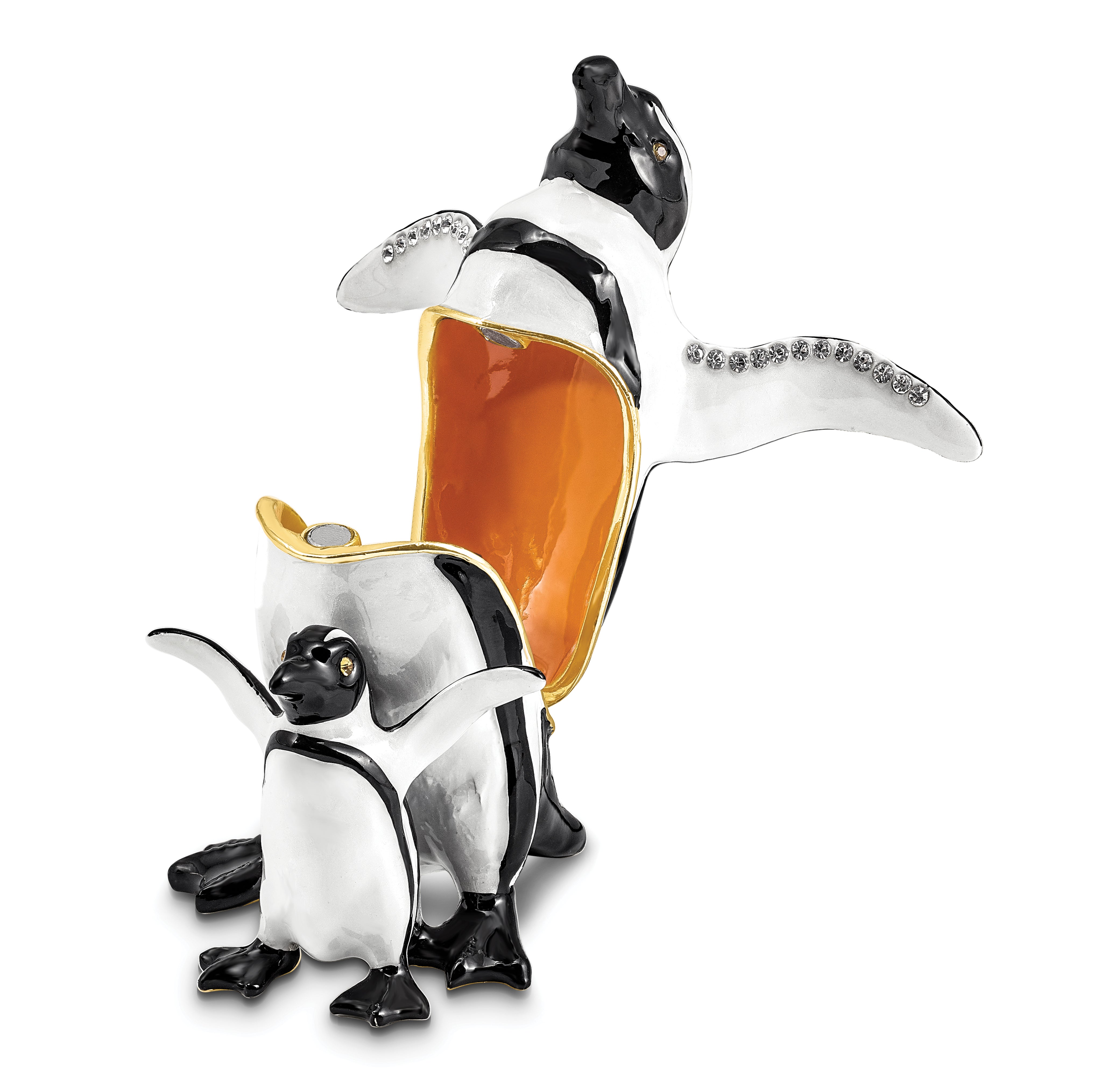 Luxury Giftware by Jere Pewter Bejeweled Crystals Gold-tone Enameled PATTY and POM Penguin and Baby Trinket Box with Matching 18 Inch Necklace