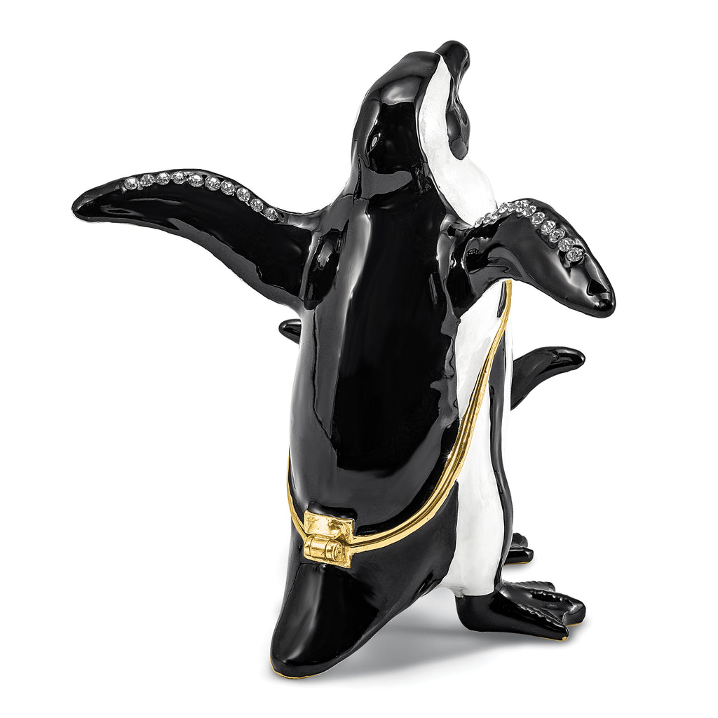 Luxury Giftware by Jere Pewter Bejeweled Crystals Gold-tone Enameled PATTY and POM Penguin and Baby Trinket Box with Matching 18 Inch Necklace