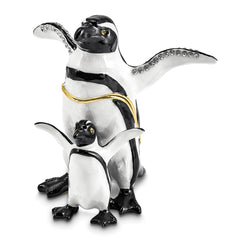 Luxury Giftware by Jere Pewter Bejeweled Crystals Gold-tone Enameled PATTY and POM Penguin and Baby Trinket Box with Matching 18 Inch Necklace