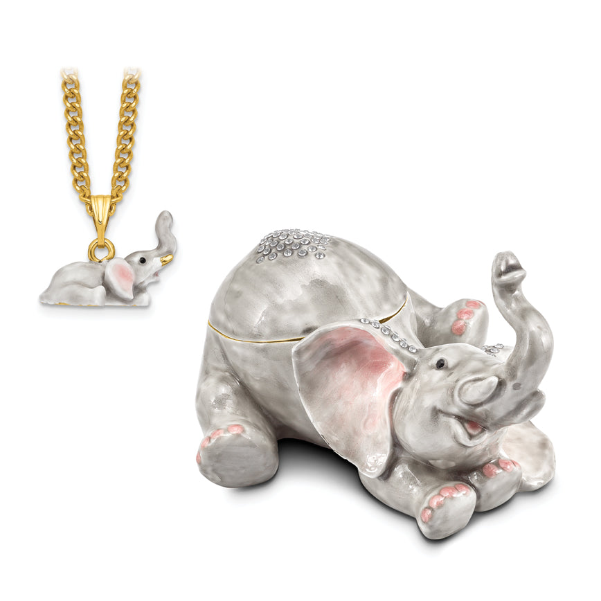 Luxury Giftware by Jere Pewter Bejeweled Crystals Gold-tone Enameled ELLERY Falling Baby Elephant Trinket Box with Matching 18 Inch Necklace