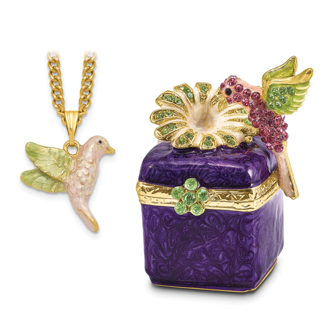 Luxury Giftware by Jere Pewter Bejeweled Crystals Gold-tone Enameled HARLOW Purple Box/Flower/Hummingbird Trinket Box with Matching 18 Inch Necklace