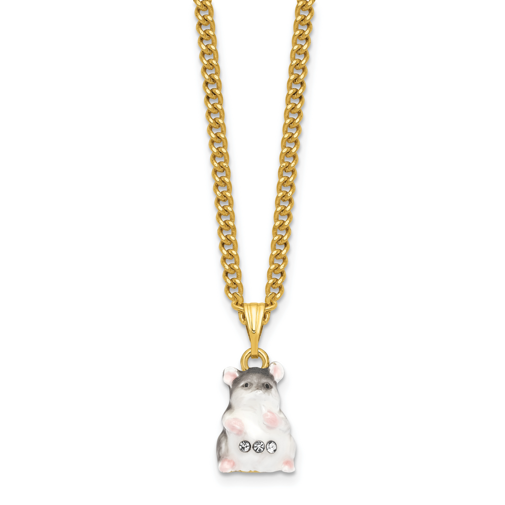 Luxury Giftware by Jere Pewter Bejeweled Crystals Gold-tone Enameled UNCLE JOE Chubby Mouse Trinket Box with Matching 18 Inch Necklace