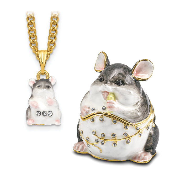 Luxury Giftware by Jere Pewter Bejeweled Crystals Gold-tone Enameled UNCLE JOE Chubby Mouse Trinket Box with Matching 18 Inch Necklace