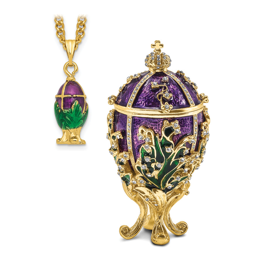 Luxury Giftware by Jere Pewter Bejeweled Crystals Gold-tone Enameled LILY OF THE VALLEY Purple Egg With Ring Pad Trinket Box with Matching 18 Inch Necklace
