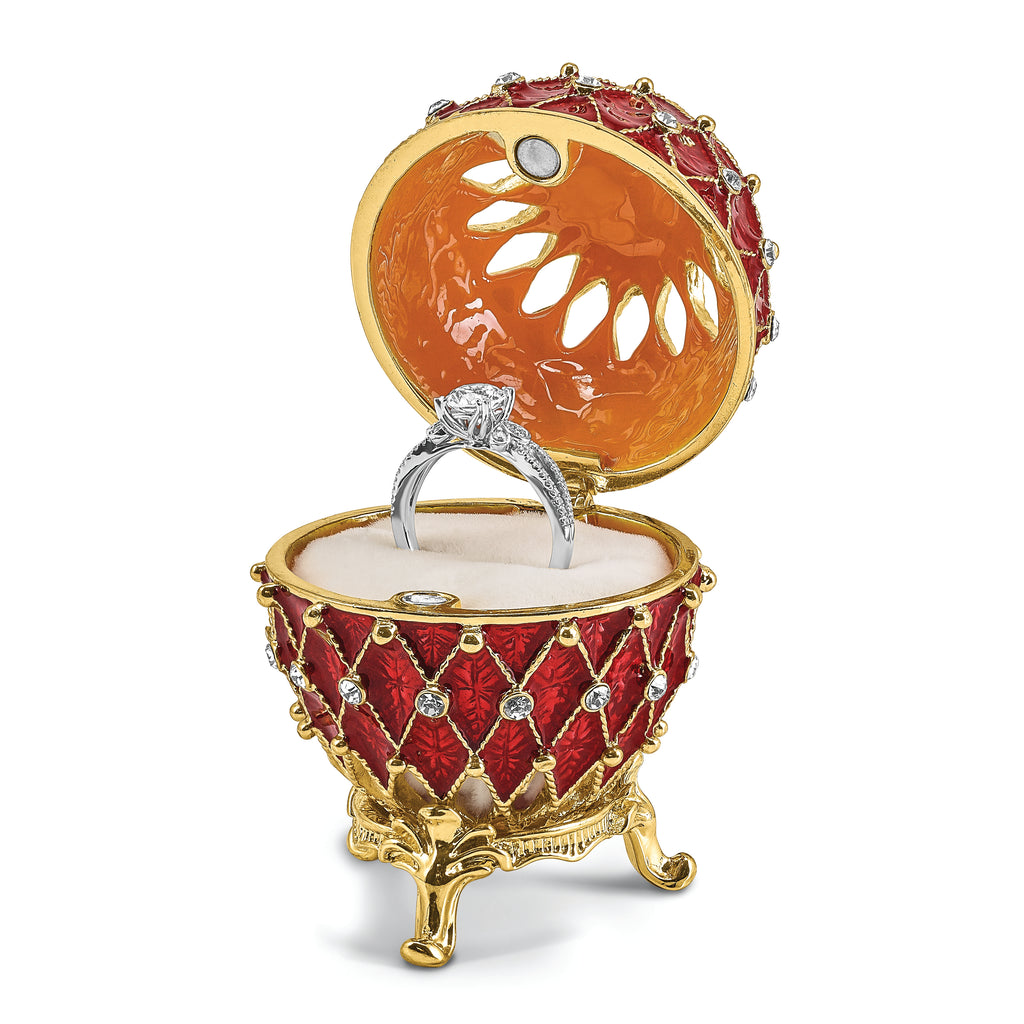 Luxury Giftware by Jere Pewter Bejeweled Crystals Gold-tone Enameled VALENTINE Ruby Red With Ring Pad Trinket Box with Matching 18 Inch Necklace