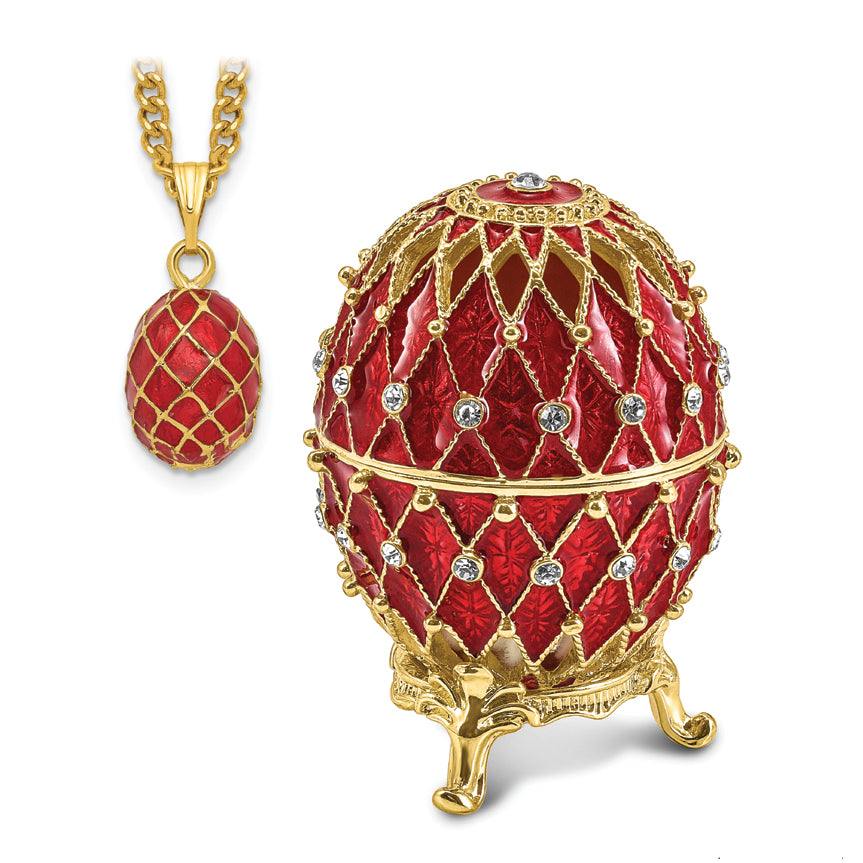 Luxury Giftware by Jere Pewter Bejeweled Crystals Gold-tone Enameled VALENTINE Ruby Red With Ring Pad Trinket Box with Matching 18 Inch Necklace