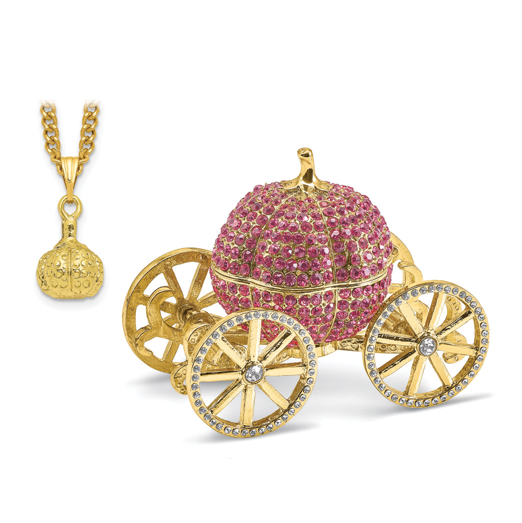 Luxury Giftware by Jere Pewter Bejeweled Crystals Gold-tone Enameled ETERNALLY YOURS Pink Pumpkin Coach With Ring Pad Trinket Box with Matching 18 Inch Necklace