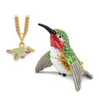 Luxury Giftware by Jere Pewter Bejeweled Crystals Gold-tone Enameled HAMILTON Hummingbird Trinket Box with Matching 18 Inch Necklace