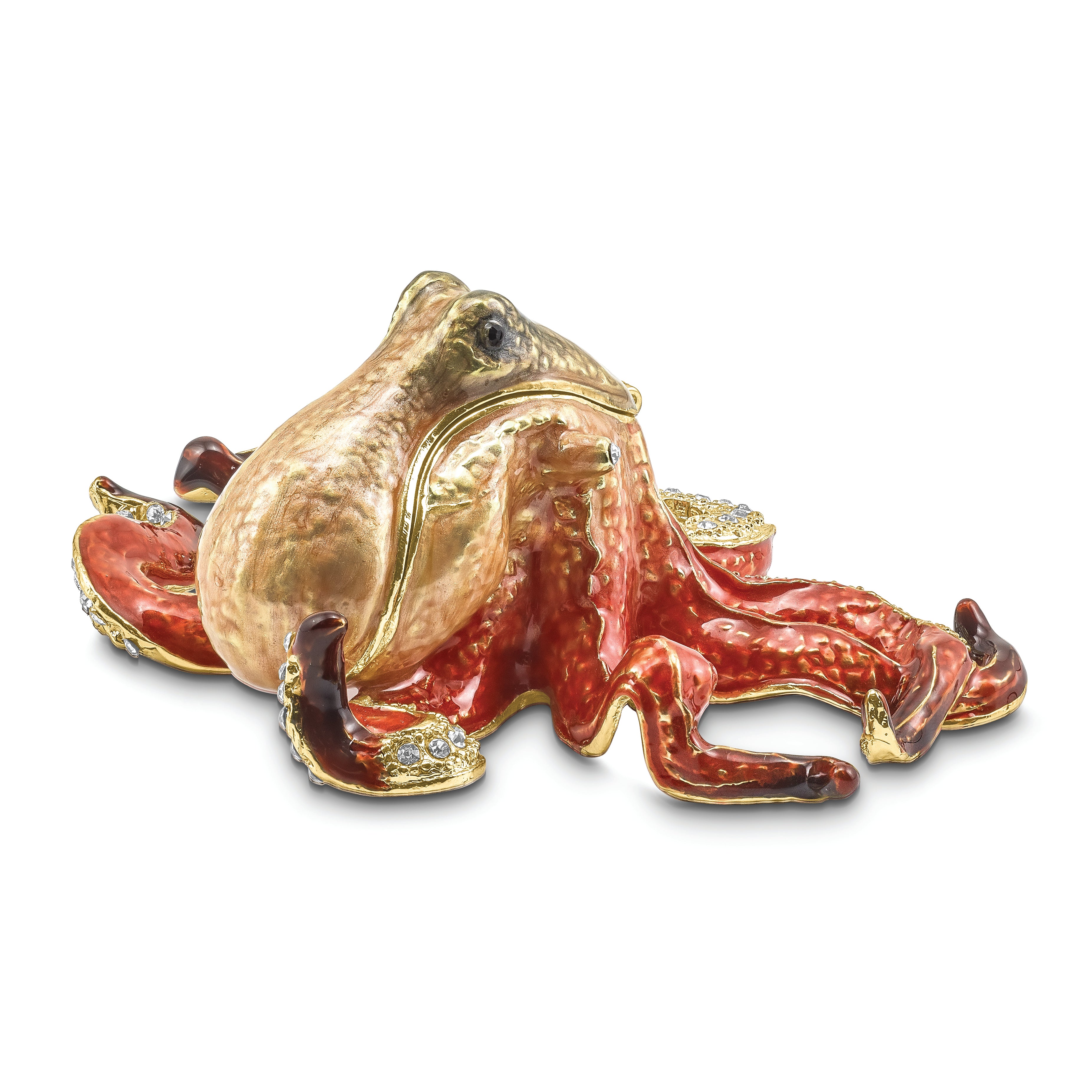Luxury Giftware by Jere Pewter Bejeweled Crystals Gold-tone Enameled OLA Octopus Trinket Box with Matching 18 Inch Necklace