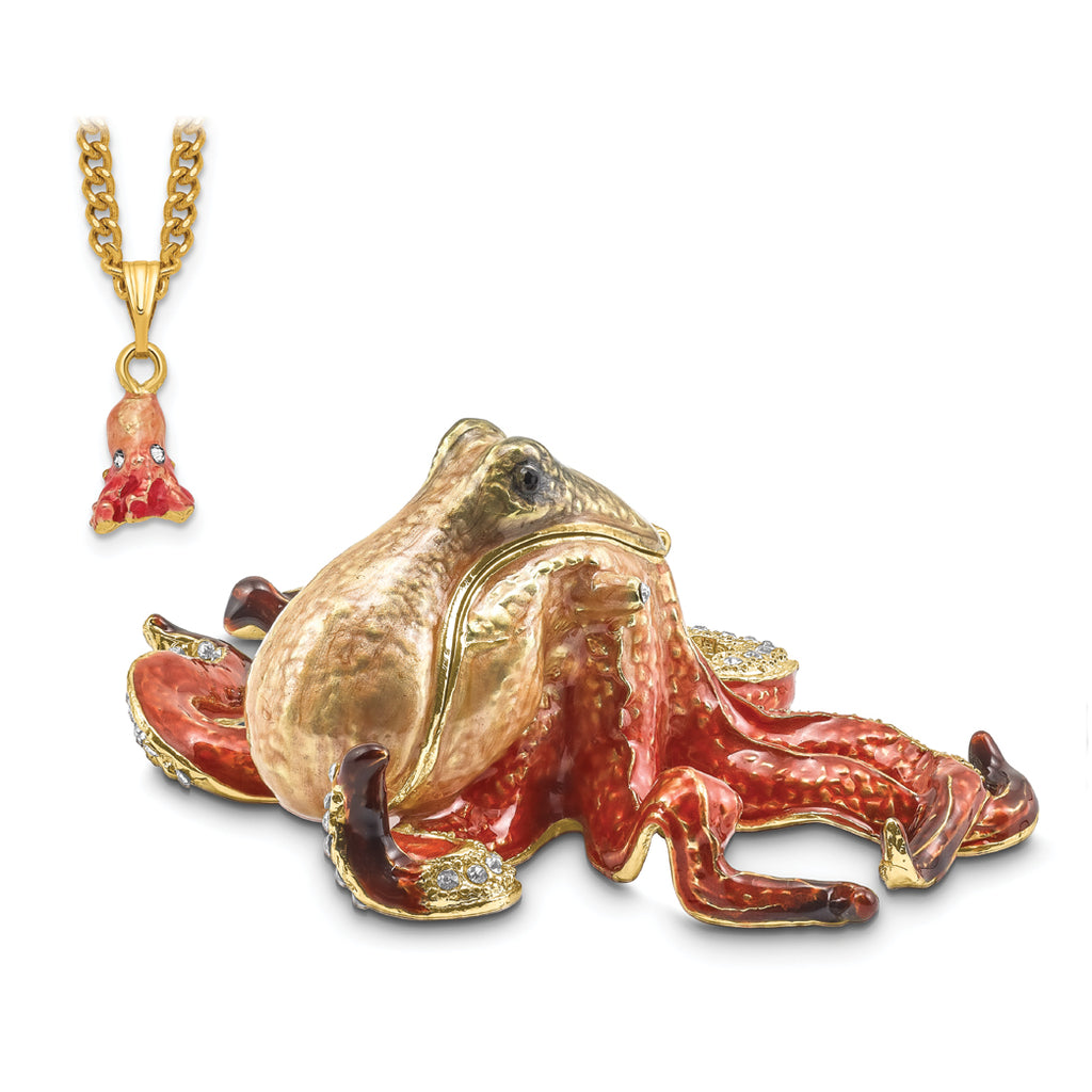 Luxury Giftware by Jere Pewter Bejeweled Crystals Gold-tone Enameled OLA Octopus Trinket Box with Matching 18 Inch Necklace