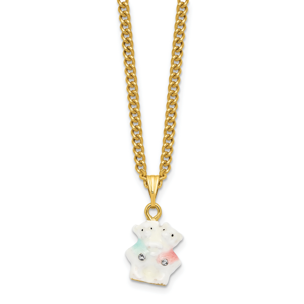 Luxury Giftware by Jere Pewter Bejeweled Crystals Gold-tone Enameled TEDDY and TOOTSIE Bears Trinket Box with Matching 18 Inch Necklace