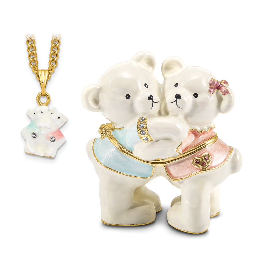 Luxury Giftware by Jere Pewter Bejeweled Crystals Gold-tone Enameled TEDDY and TOOTSIE Bears Trinket Box with Matching 18 Inch Necklace