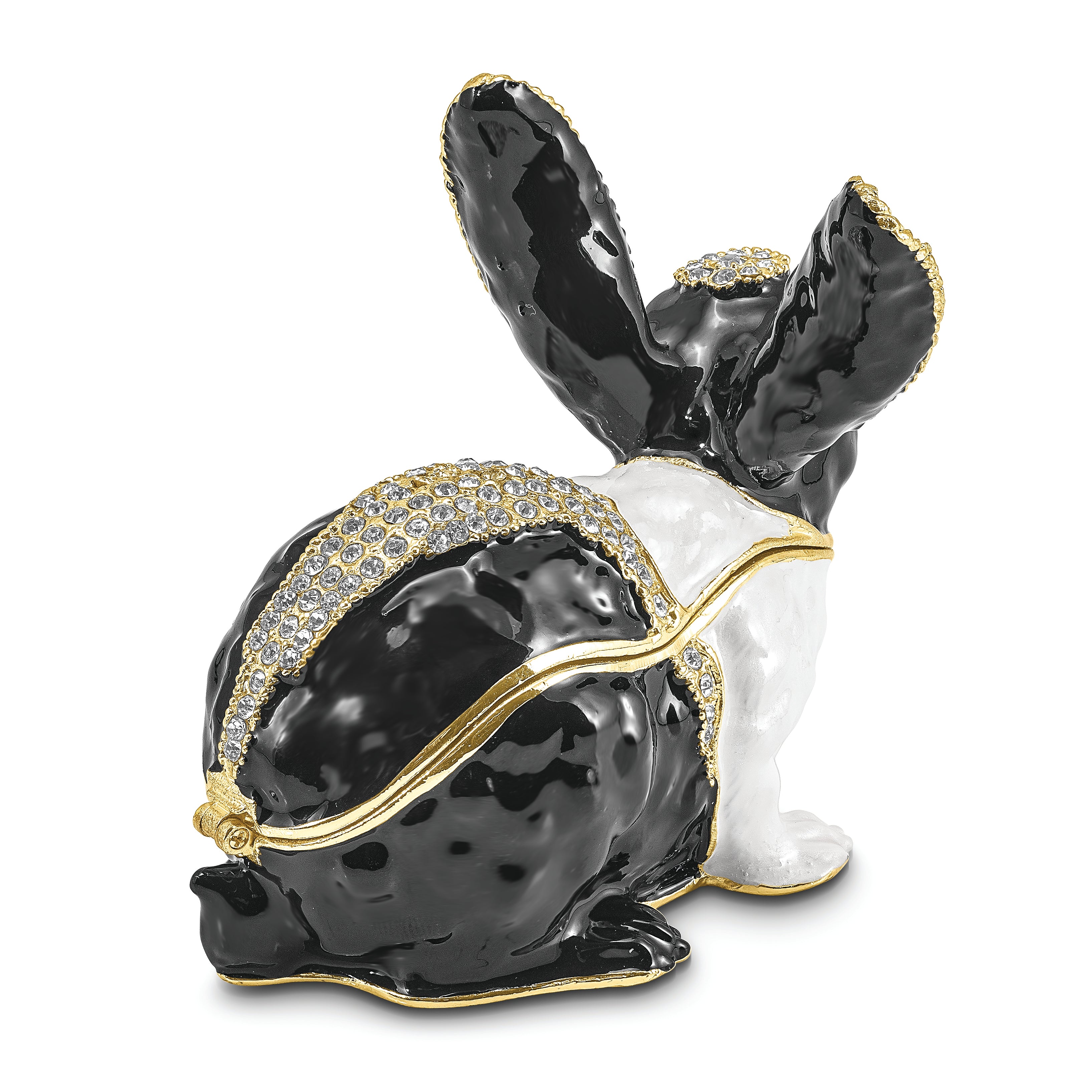 Luxury Giftware by Jere Pewter Bejeweled Crystals Gold-tone Enameled LUNA Black and White Bunny Trinket Box with Matching 18 Inch Necklace