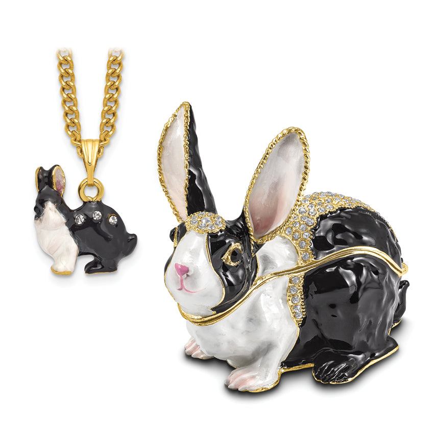Luxury Giftware by Jere Pewter Bejeweled Crystals Gold-tone Enameled LUNA Black and White Bunny Trinket Box with Matching 18 Inch Necklace