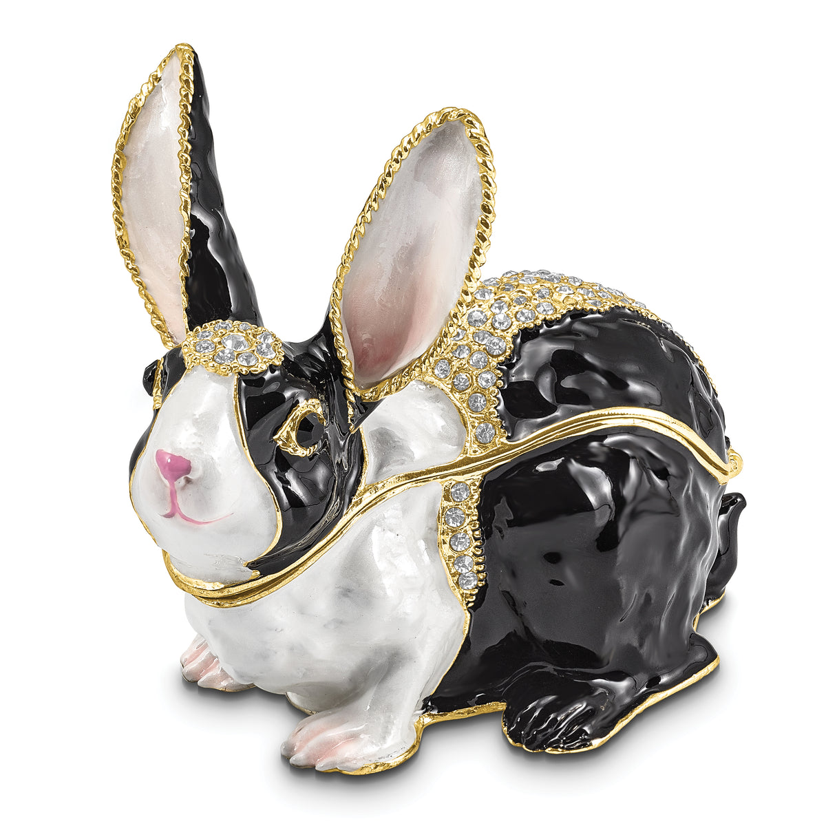Luxury Giftware by Jere Pewter Bejeweled Crystals Gold-tone Enameled LUNA Black and White Bunny Trinket Box with Matching 18 Inch Necklace