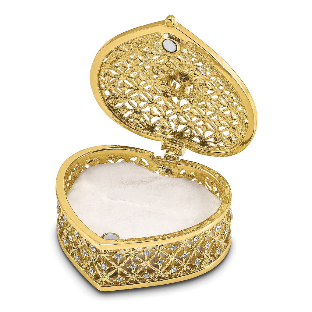 Luxury Giftware Pewter Bejeweled Crystals Gold-tone Enameled ROMANCE Filigree Heart With Ring Pad Trinket Box with Matching 18 Inch Necklace