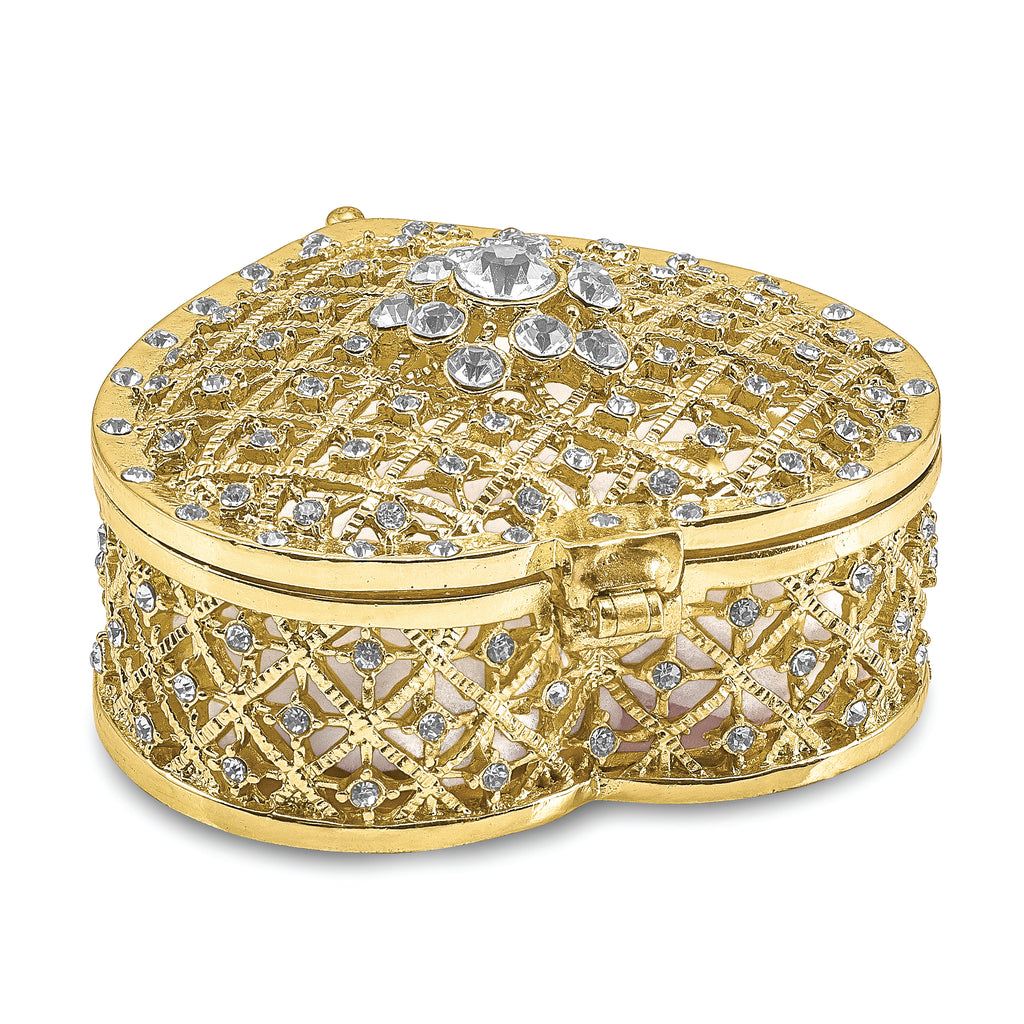 Luxury Giftware Pewter Bejeweled Crystals Gold-tone Enameled ROMANCE Filigree Heart With Ring Pad Trinket Box with Matching 18 Inch Necklace