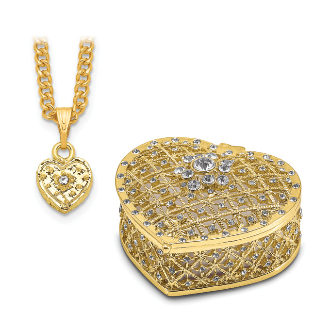 Luxury Giftware Pewter Bejeweled Crystals Gold-tone Enameled ROMANCE Filigree Heart With Ring Pad Trinket Box with Matching 18 Inch Necklace