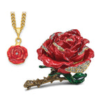 Luxury Giftware by Jere Pewter Bejeweled Crystals Gold-tone Enameled ROSA Red Rose With Ring Pad Trinket Box with Matching 18 Inch Necklace