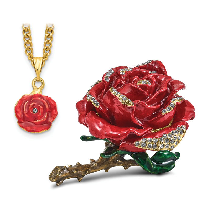 Luxury Giftware by Jere Pewter Bejeweled Crystals Gold-tone Enameled ROSA Red Rose With Ring Pad Trinket Box with Matching 18 Inch Necklace