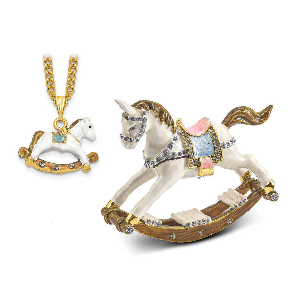 Luxury Giftware by Jere Pewter Bejeweled Crystals Gold-tone Enameled RIMA Rocking Horse Trinket Box with Matching 18 Inch Necklace