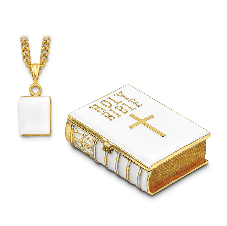 Luxury Giftware Pewter Bejeweled Crystals Gold-tone Enameled PRAYER White Bible Trinket Box with Matching 18 Inch Necklace