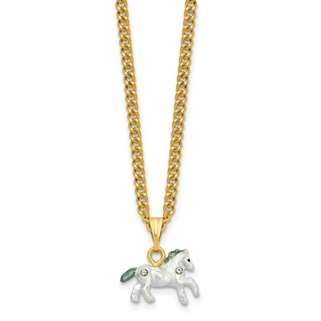 Luxury Giftware by Jere Pewter Bejeweled Crystals Gold-tone Enameled PAL (Plays It's a Small World) Carousel Horse Musical Figurine with Matching 18 Inch Necklace