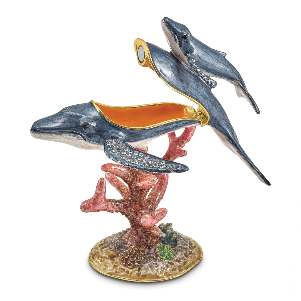 Luxury Giftware by Jere Pewter Bejeweled Crystals Gold-tone Enameled WYNN and WALLIS Blue Whale and Baby Trinket Box with Matching 18 Inch Necklace