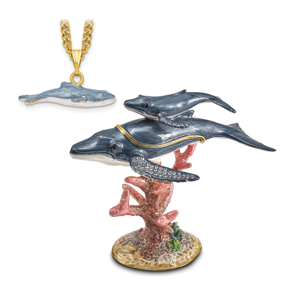 Luxury Giftware by Jere Pewter Bejeweled Crystals Gold-tone Enameled WYNN and WALLIS Blue Whale and Baby Trinket Box with Matching 18 Inch Necklace