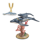 Luxury Giftware by Jere Pewter Bejeweled Crystals Gold-tone Enameled WYNN and WALLIS Blue Whale and Baby Trinket Box with Matching 18 Inch Necklace