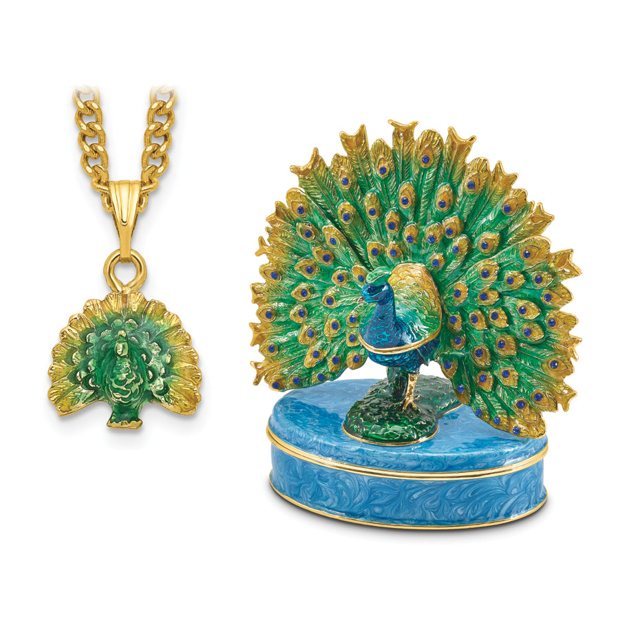 Luxury Giftware by Jere Pewter Bejeweled Crystals Gold-tone Enameled PERO Peacock on Oval Trinket Box with Matching 18 Inch Necklace