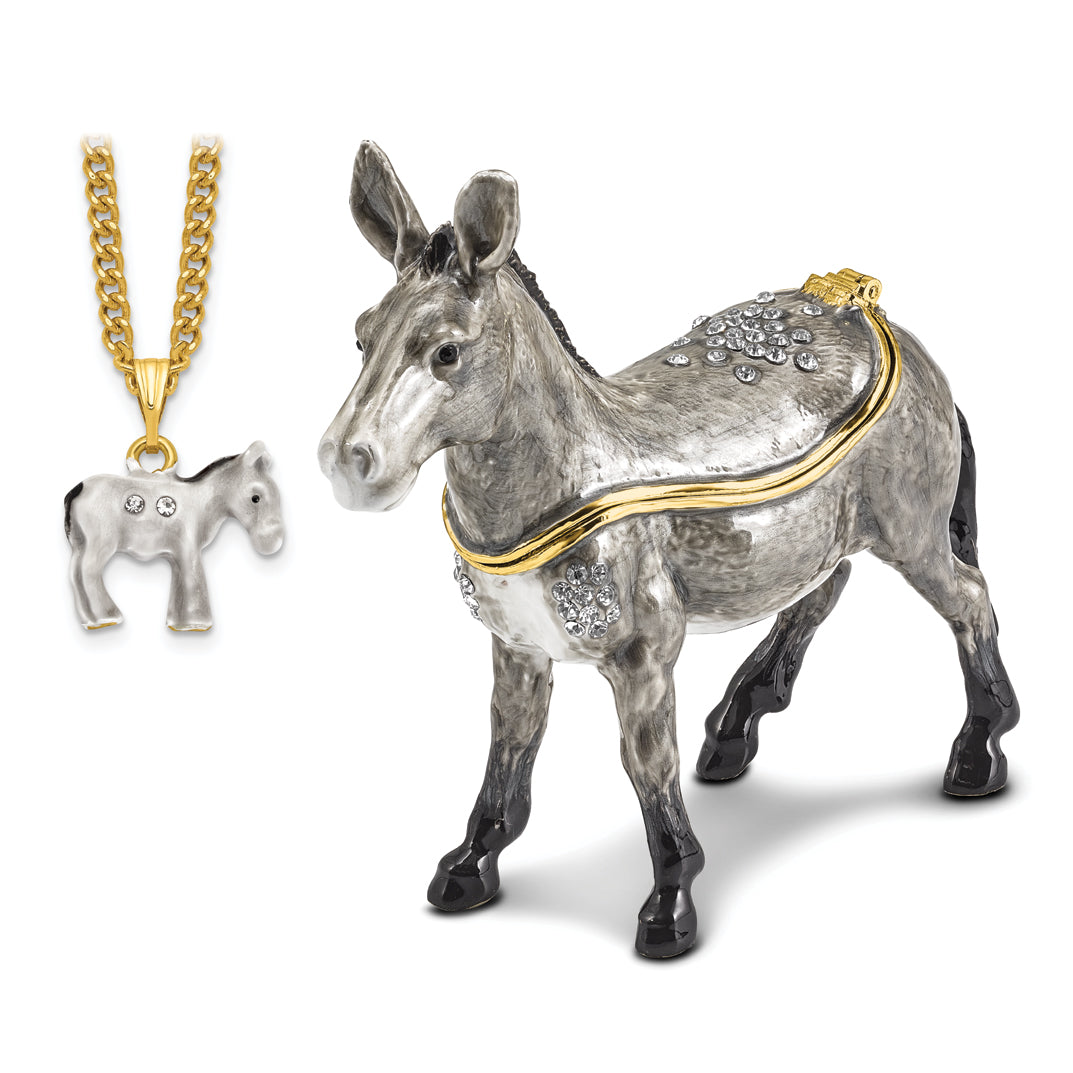 Luxury Giftware Pewter Bejeweled Crystals Gold-tone Enameled FEISTY Gray Donkey Trinket Box with Matching 18 Inch Necklace