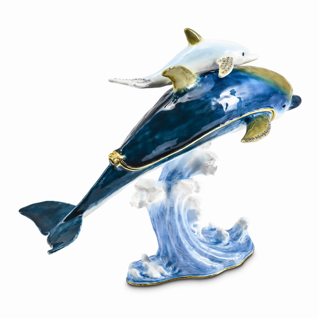 Luxury Giftware Pewter Bejeweled Crystals Gold-tone Enameled DONOVAN and DONNY Dolphins Trinket Box with Matching 18 Inch Necklace